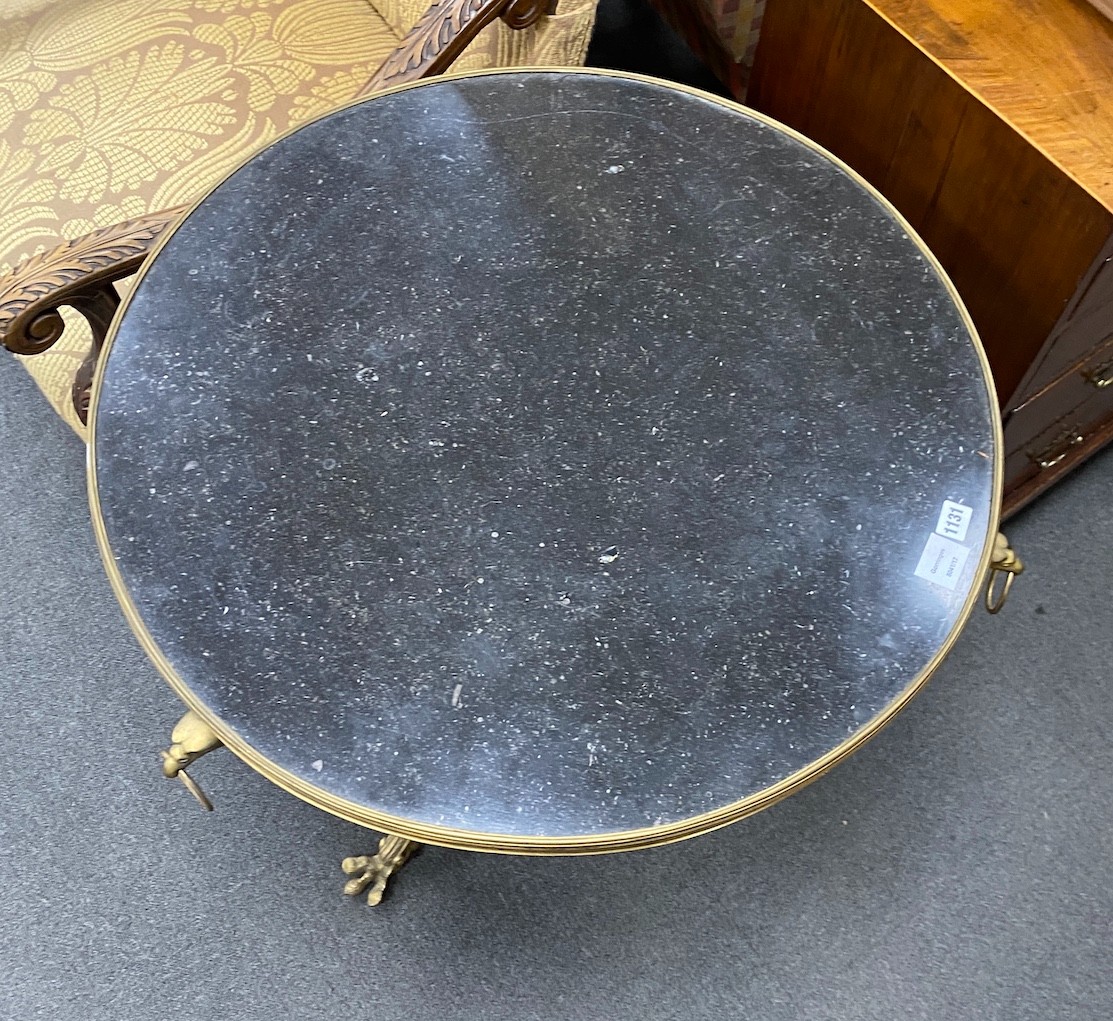 A French taste gilt metal and two tier circular green marble topped table, diameter 74cm, height 74cm